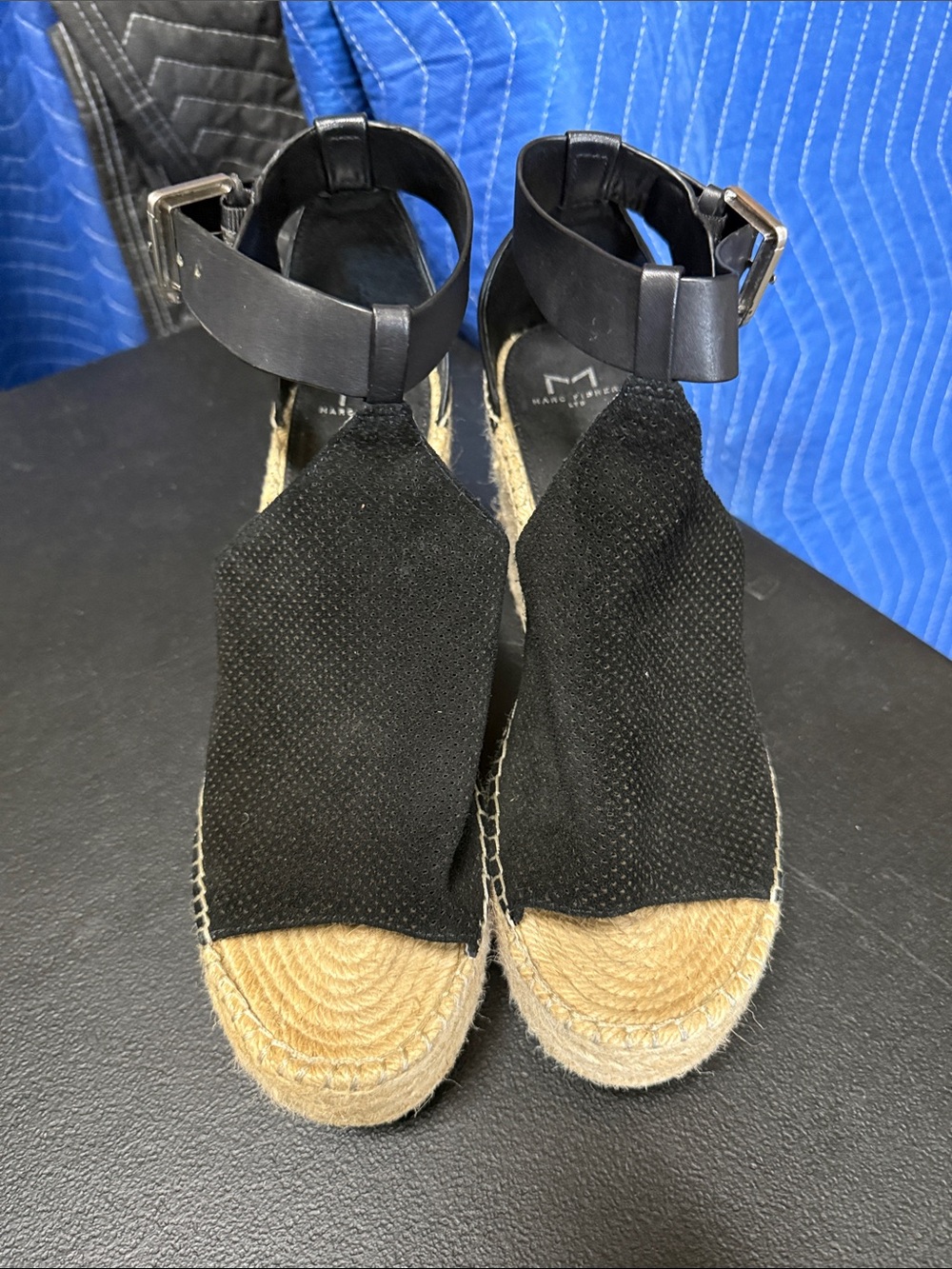 Marc Fisher Black Espadrille Wedge Sandals with Ankle Strap and Jute Sole